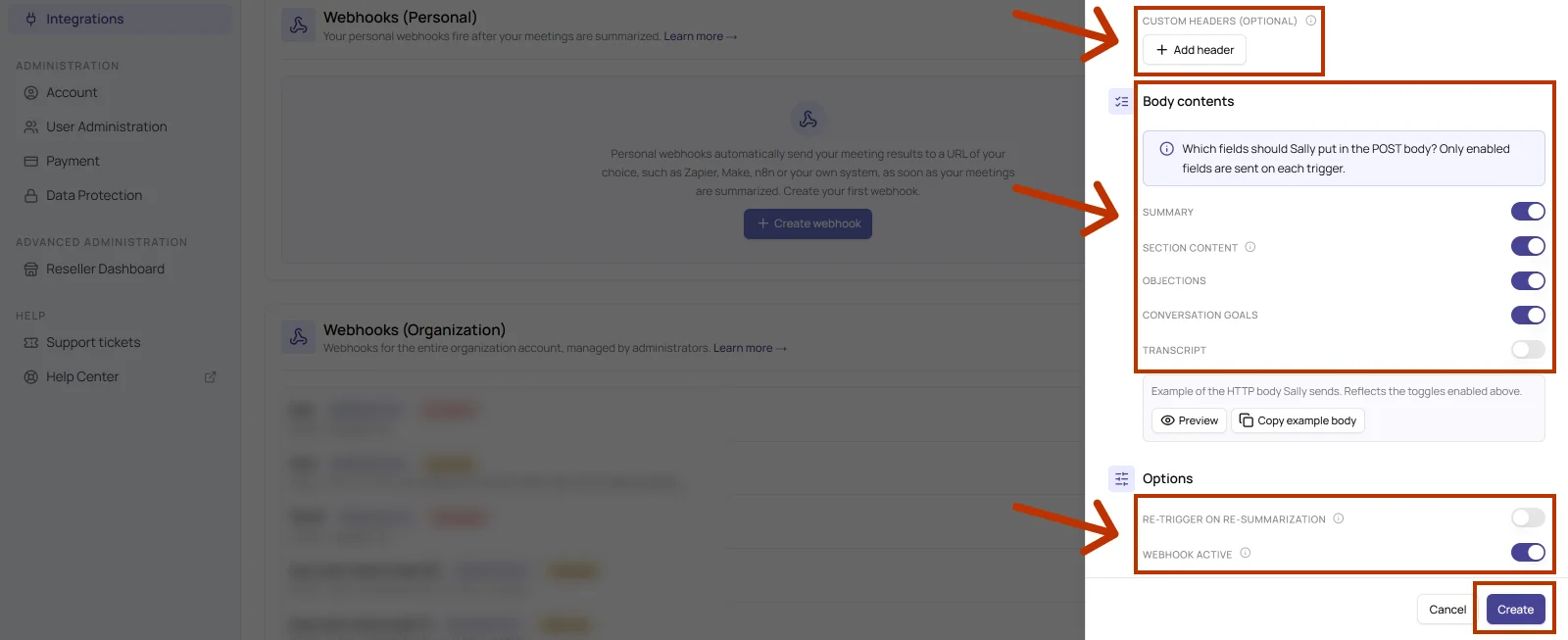 Lower part of the dialog with custom headers, body contents, example body and options