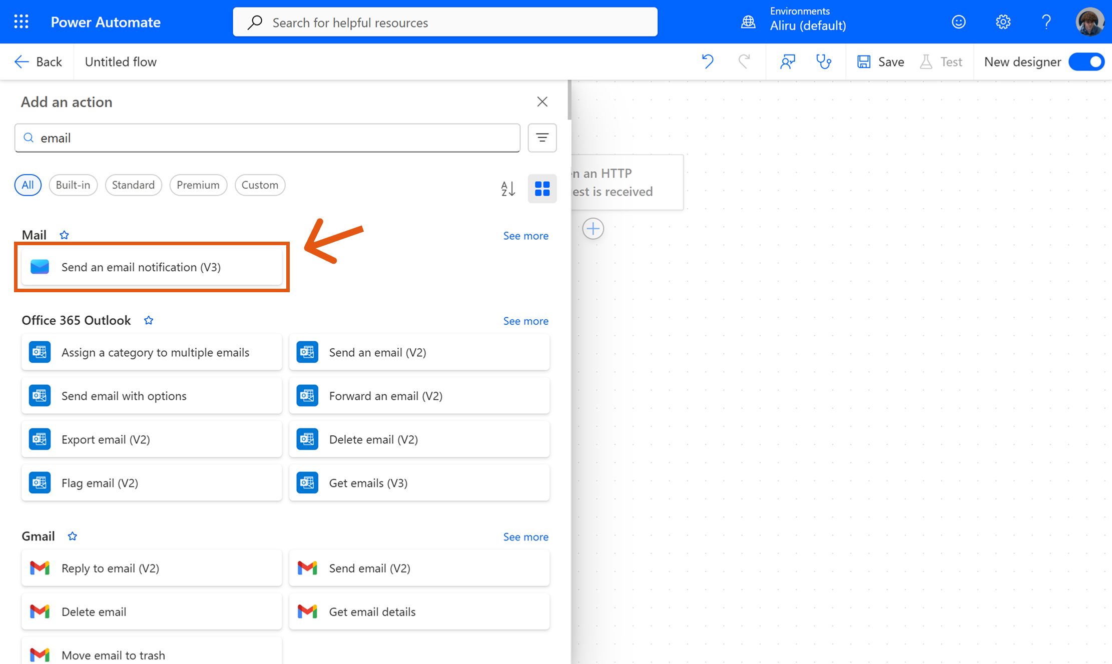 Select Send an email notification action