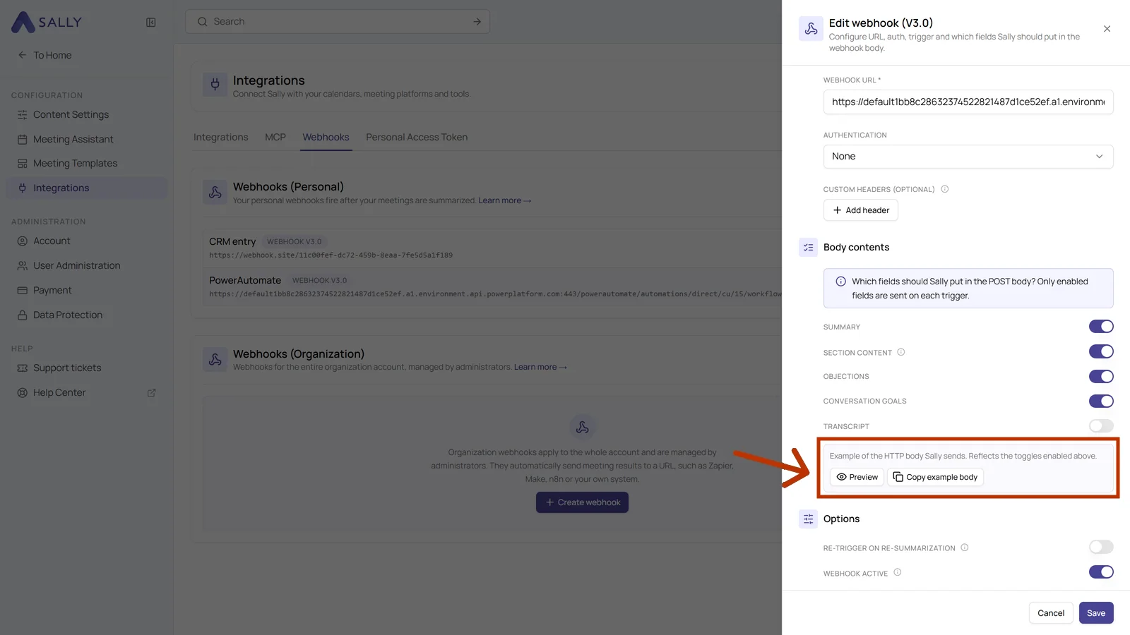 Edit webhook dialog with the example HTTP body area and the Copy example body button highlighted