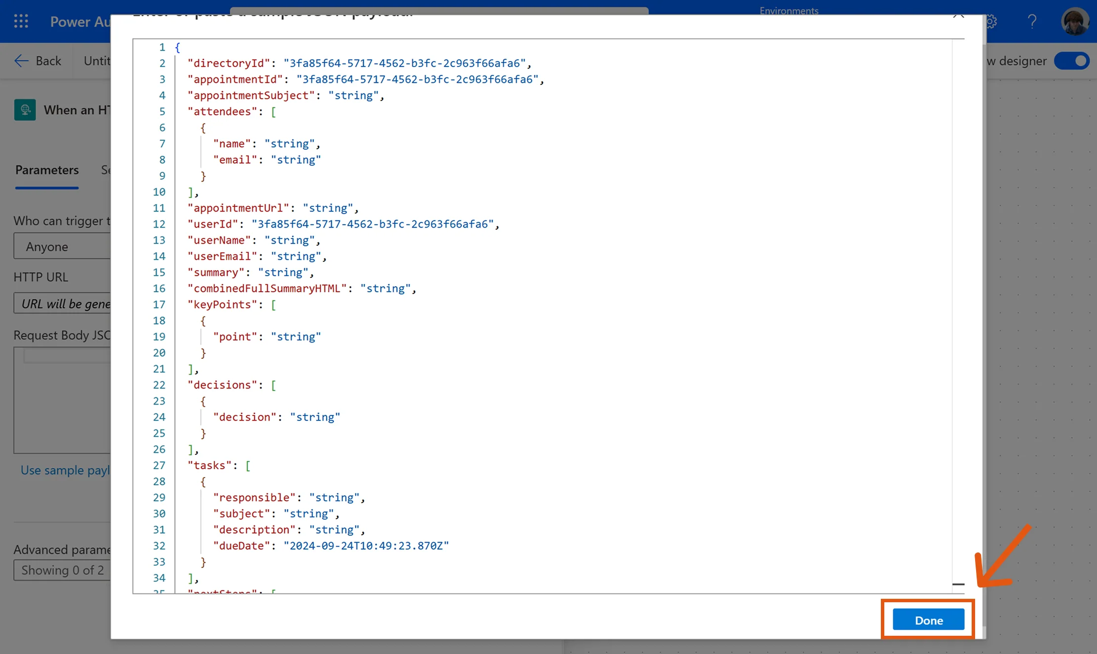 Paste the example body from Sally into Power Automate
