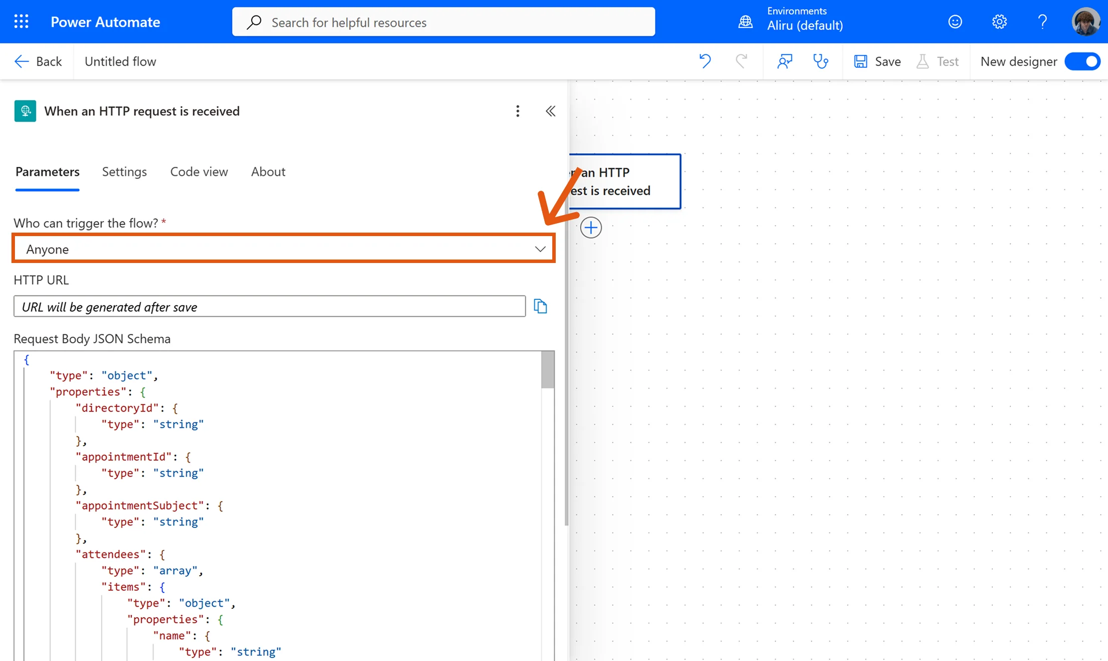 Generated schema in the webhook trigger