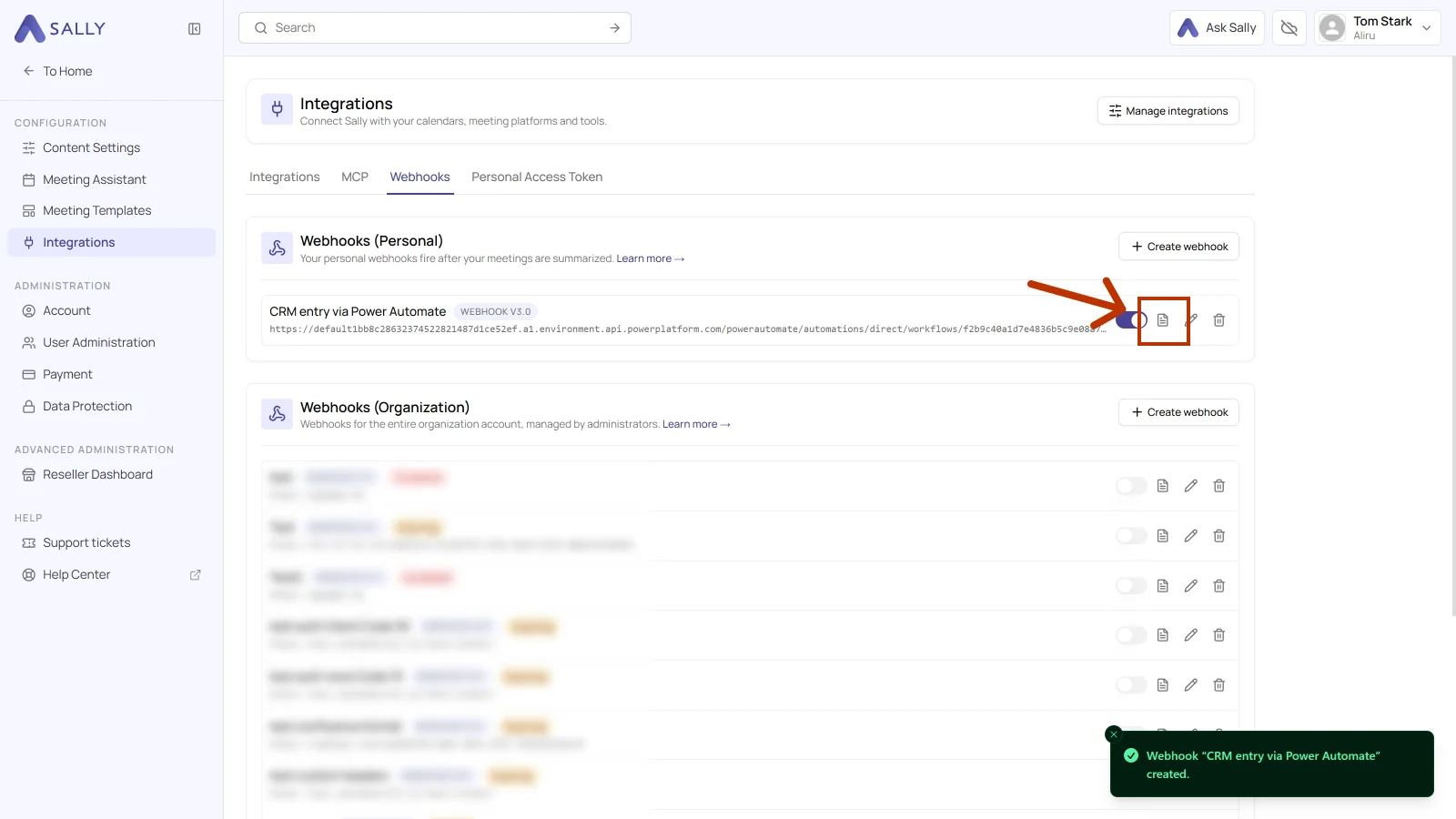 List of personal webhooks with the document icon for the logs highlighted