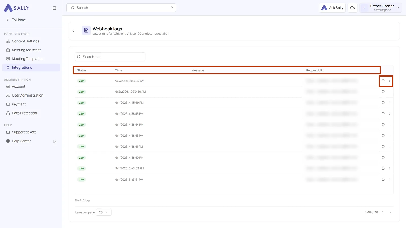 Webhook logs of a webhook with the framed column headers and the framed icons for resending and expanding an entry