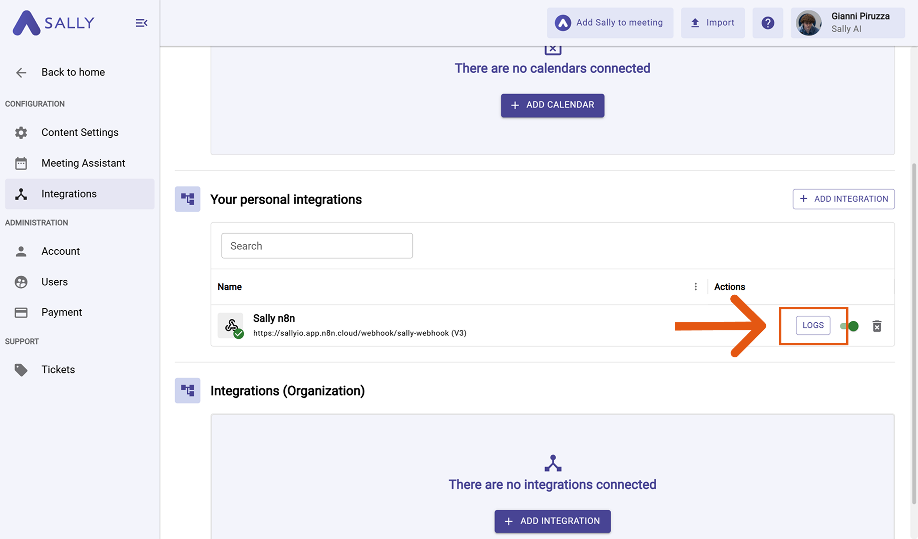Open webhook logs in Sally