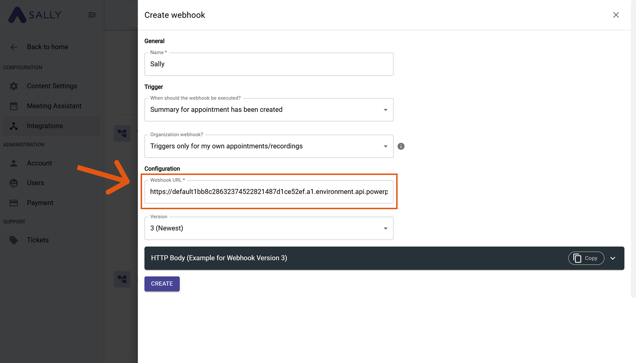 Insert webhook URL into Sally