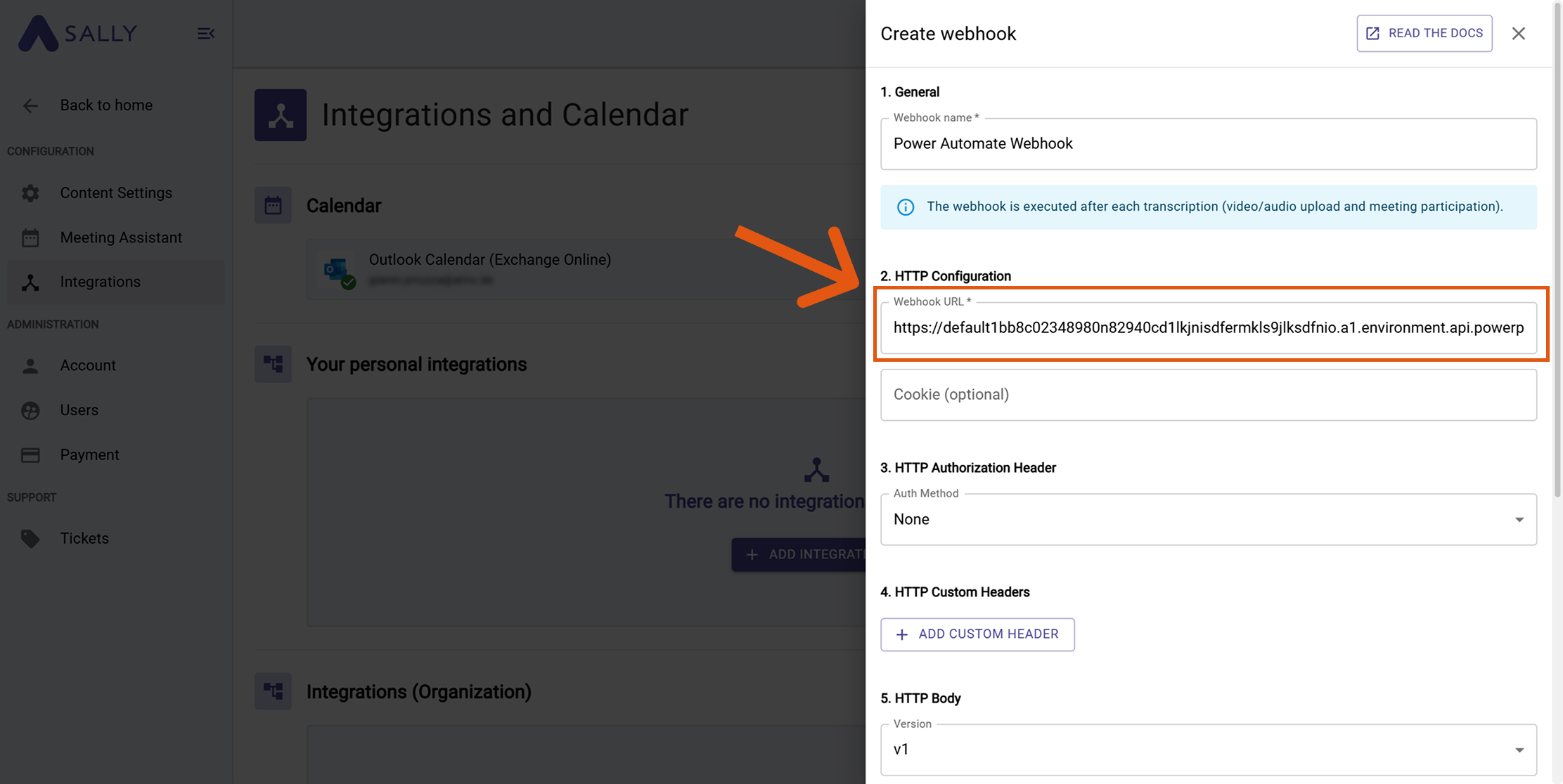 Insert webhook URL into Sally