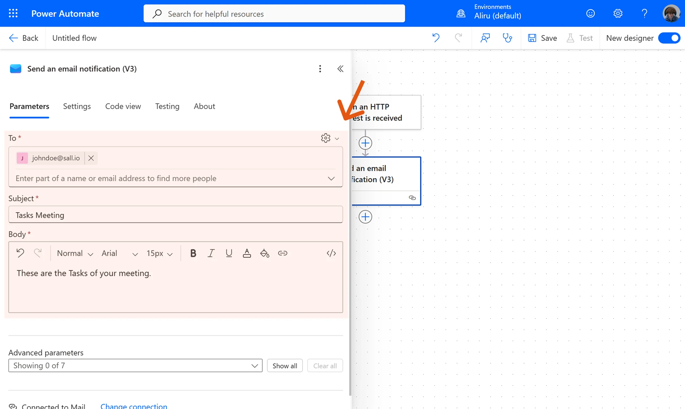 Configure the e-mail action