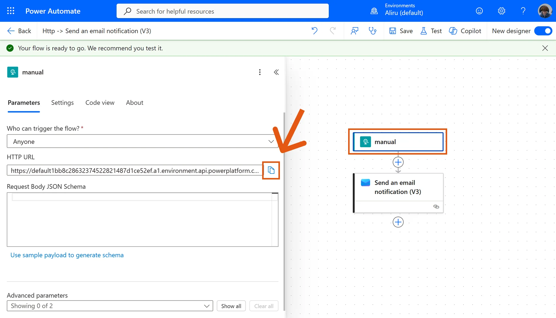 Trigger in Power Automate with the HTTP URL field and the copy icon highlighted