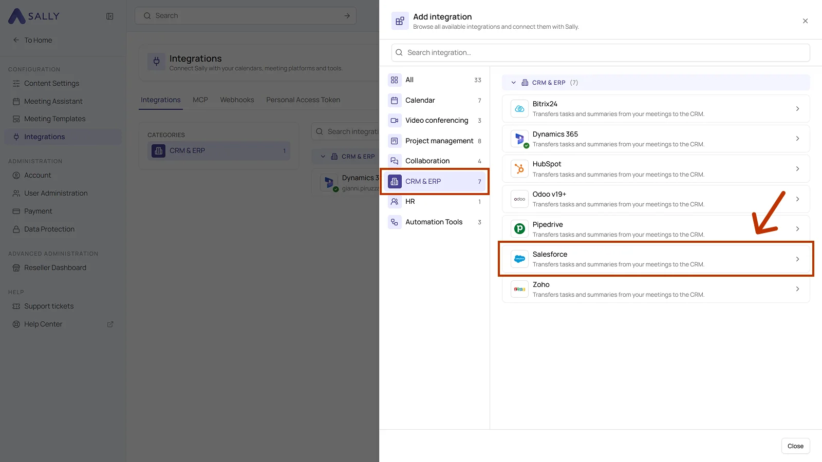 List of integrations with the CRM and ERP category and the Salesforce entry highlighted