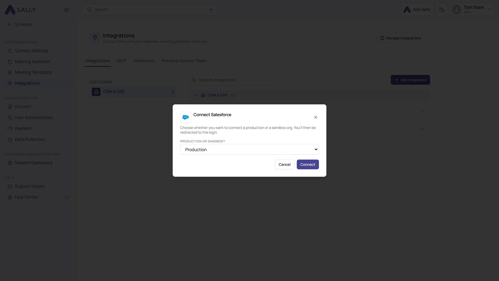 Connect Salesforce dialog with the choice between production and sandbox