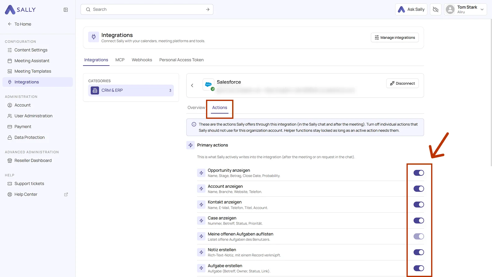 Actions tab of the connected Salesforce integration with the toggles of the primary actions