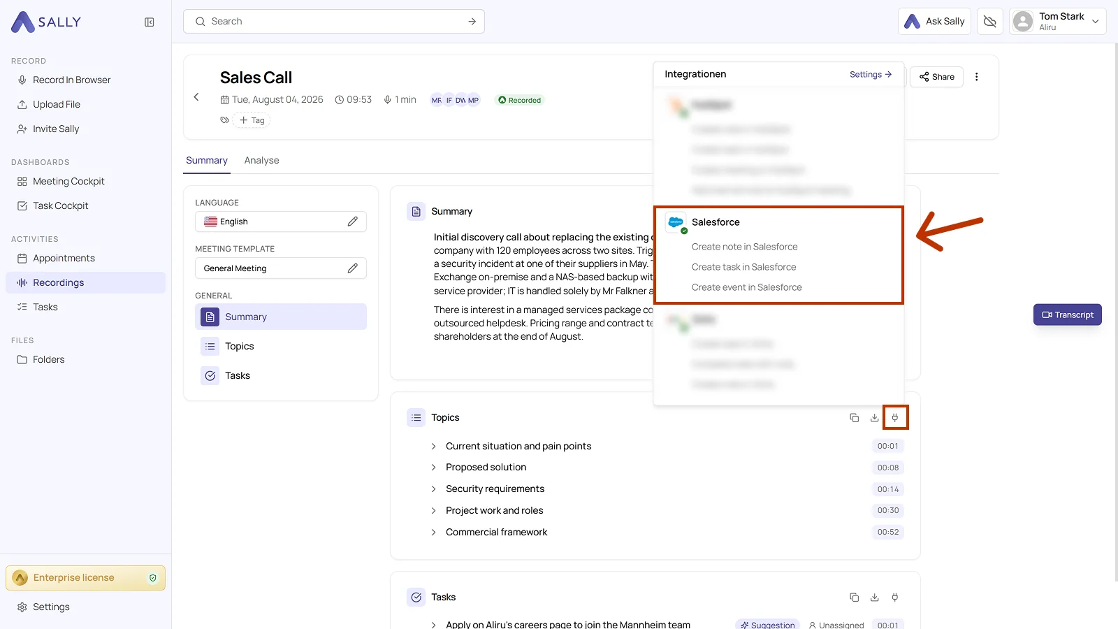 Recording in Sally with the Integrations menu open and the three Salesforce actions
