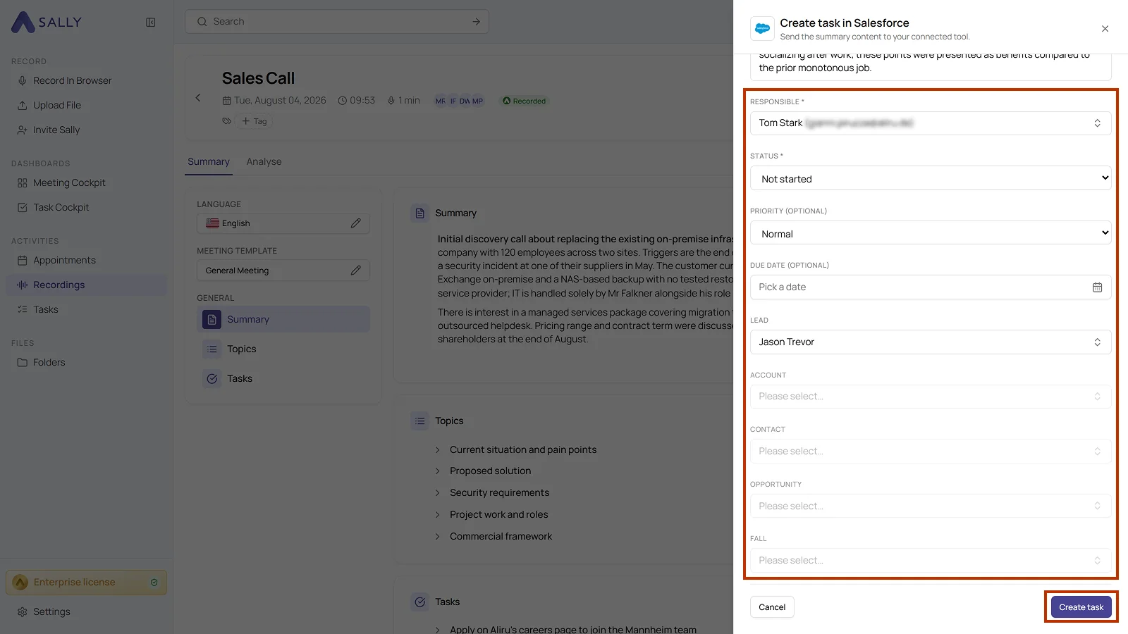 Create task in Salesforce panel with responsible, status, priority, due date and the fields for the record