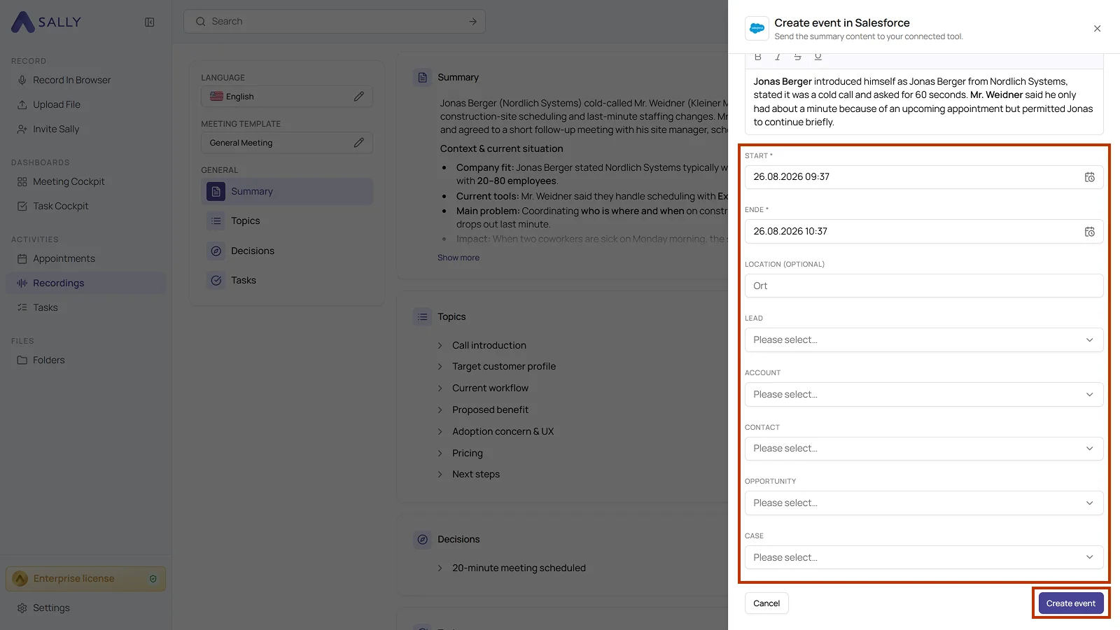 Create event in Salesforce panel with start, end, location and the fields for the record