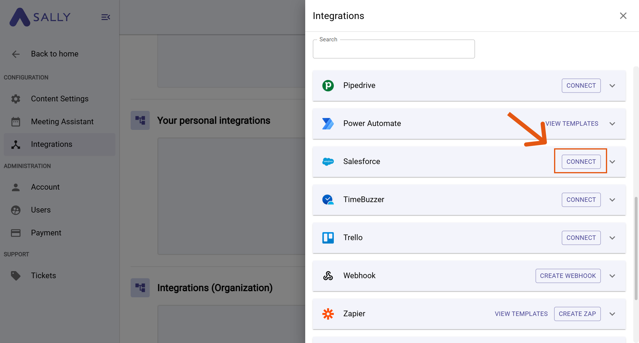Salesforce in the integration picker with Connect button