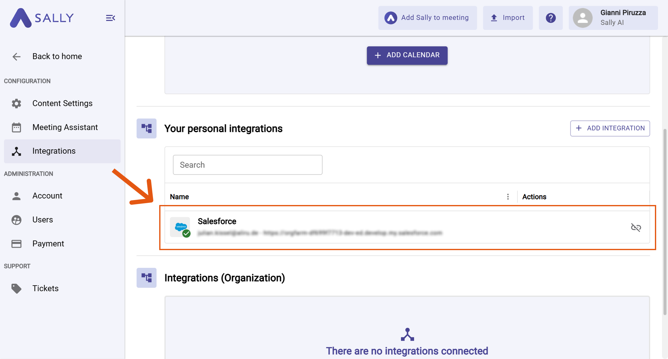 Salesforce listed under Your personal integrations