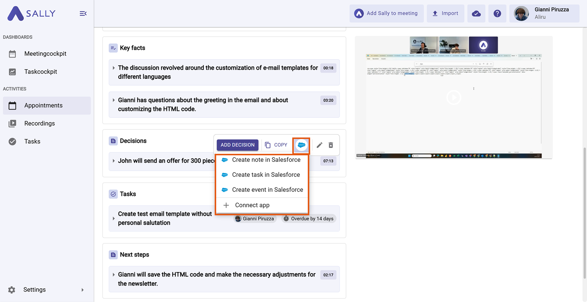 Salesforce action menu with Create note / Create task / Create event