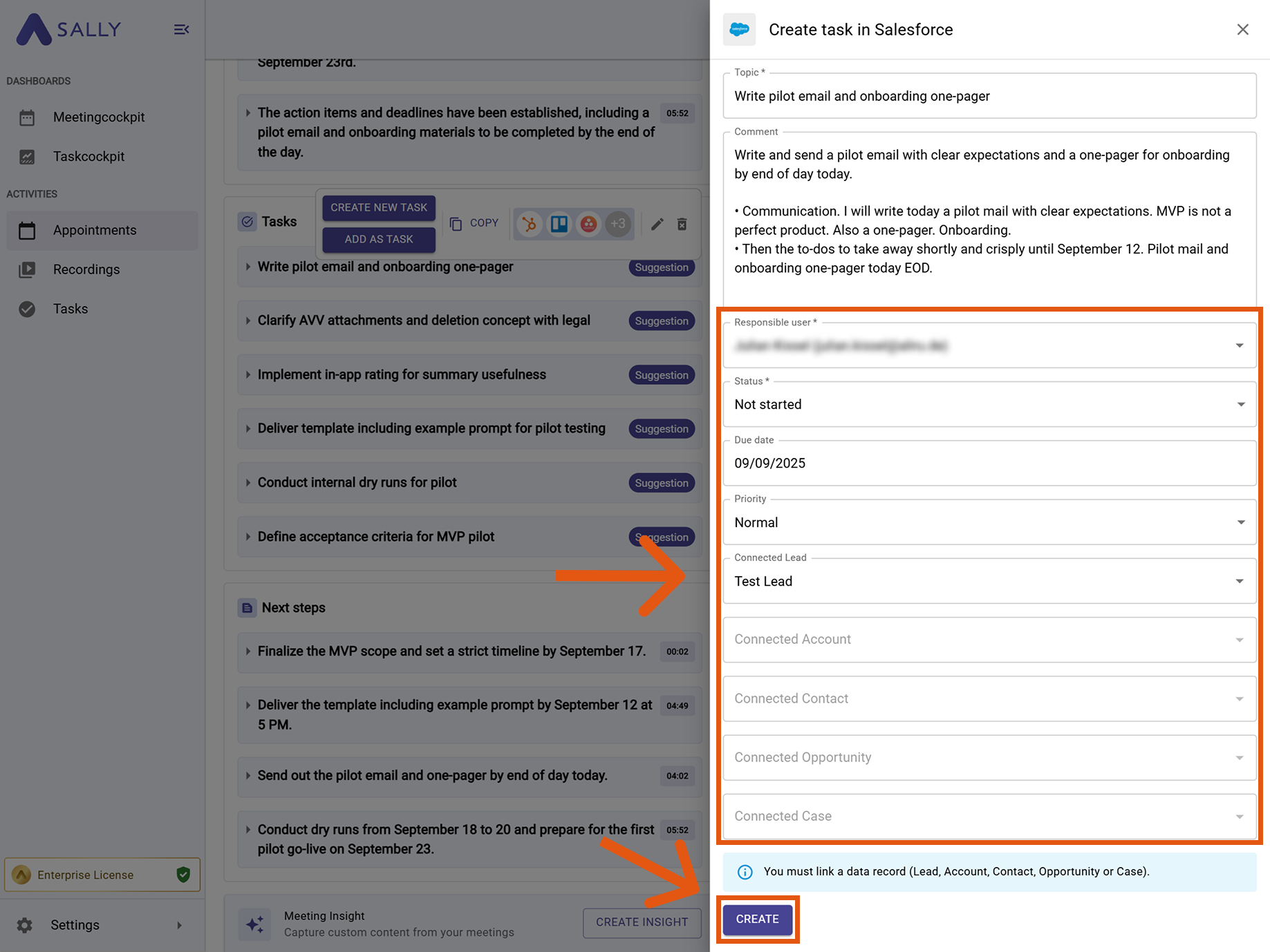 Create task in Salesforce modal with Responsible user, Status, Due date, Priority, Connected record