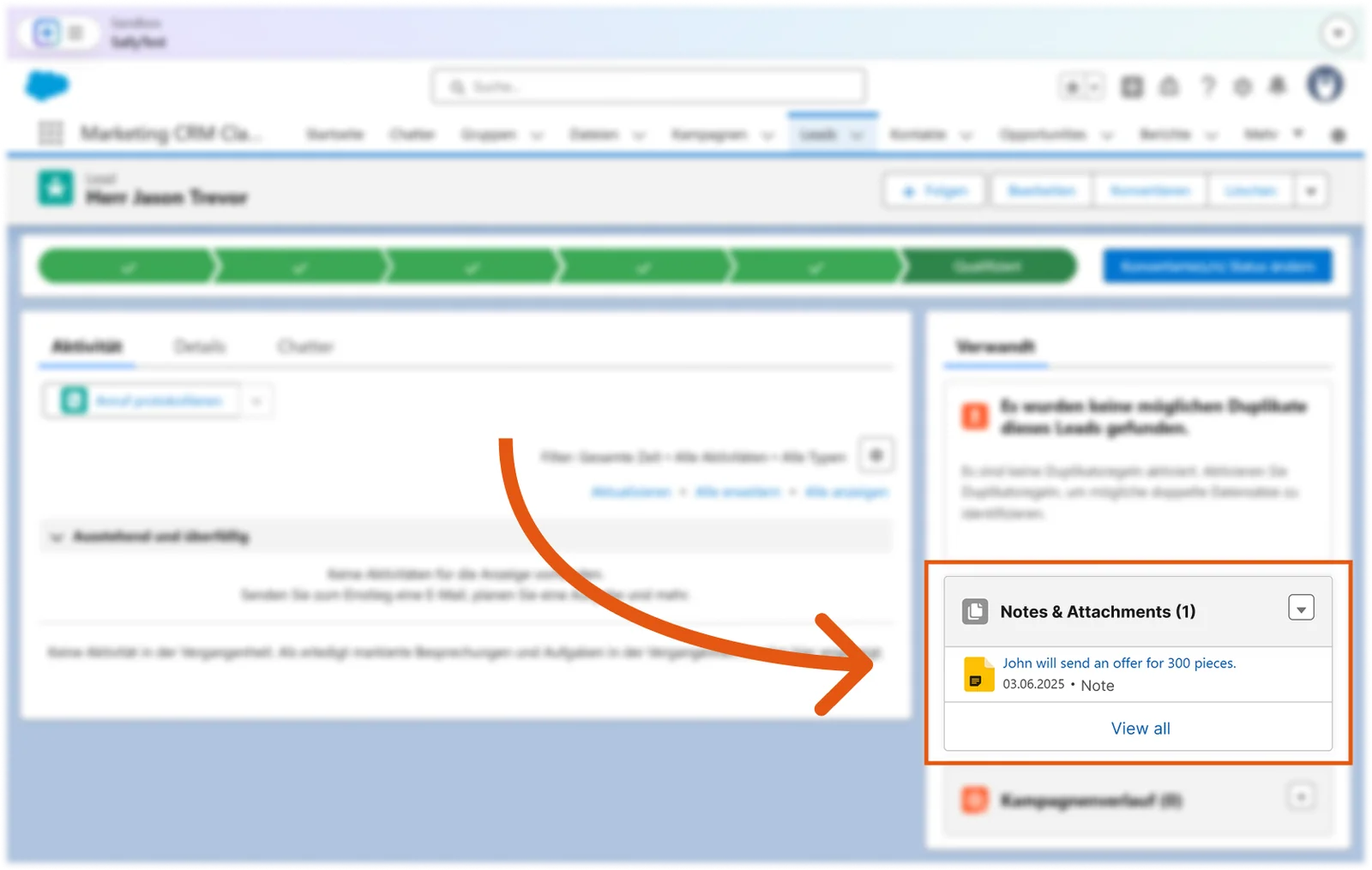Salesforce lead with the note created by Sally under Notes and Attachments