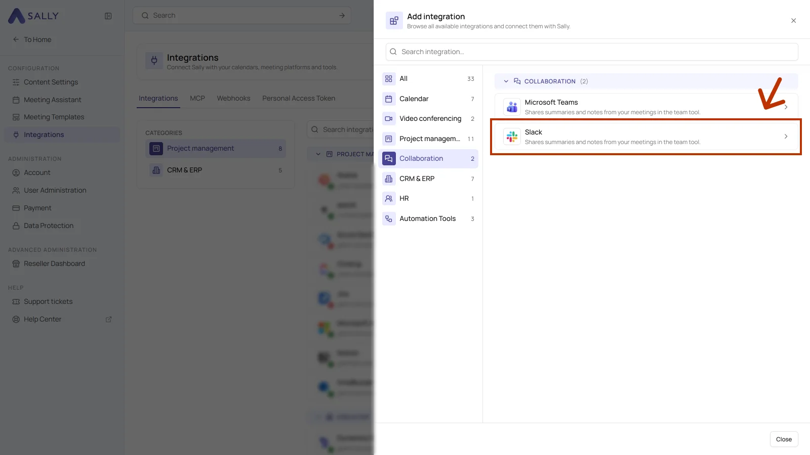 Add integration dialog with the Collaboration category and the Slack entry highlighted
