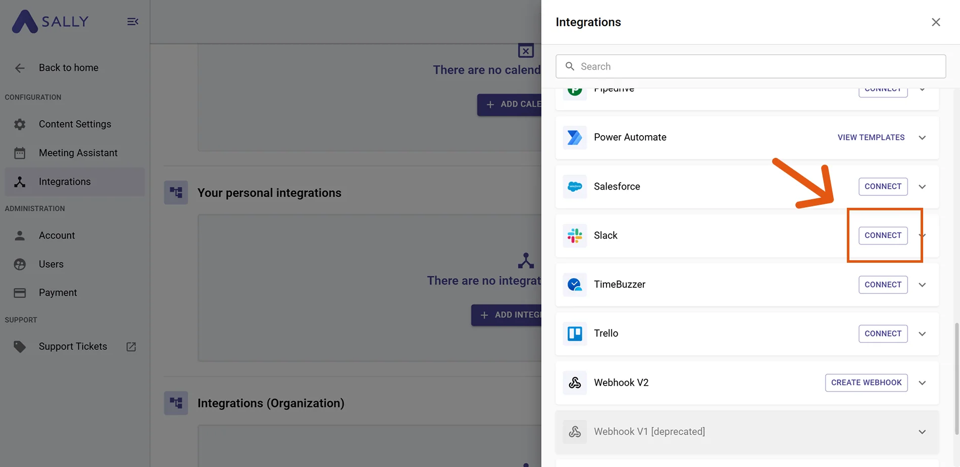 Slack selected with Connect button
