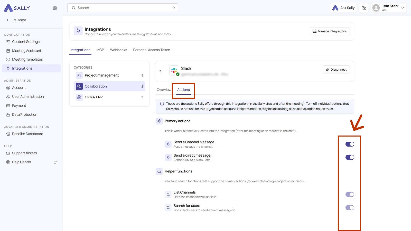 Actions tab of the connected Slack integration with the toggles for the primary actions