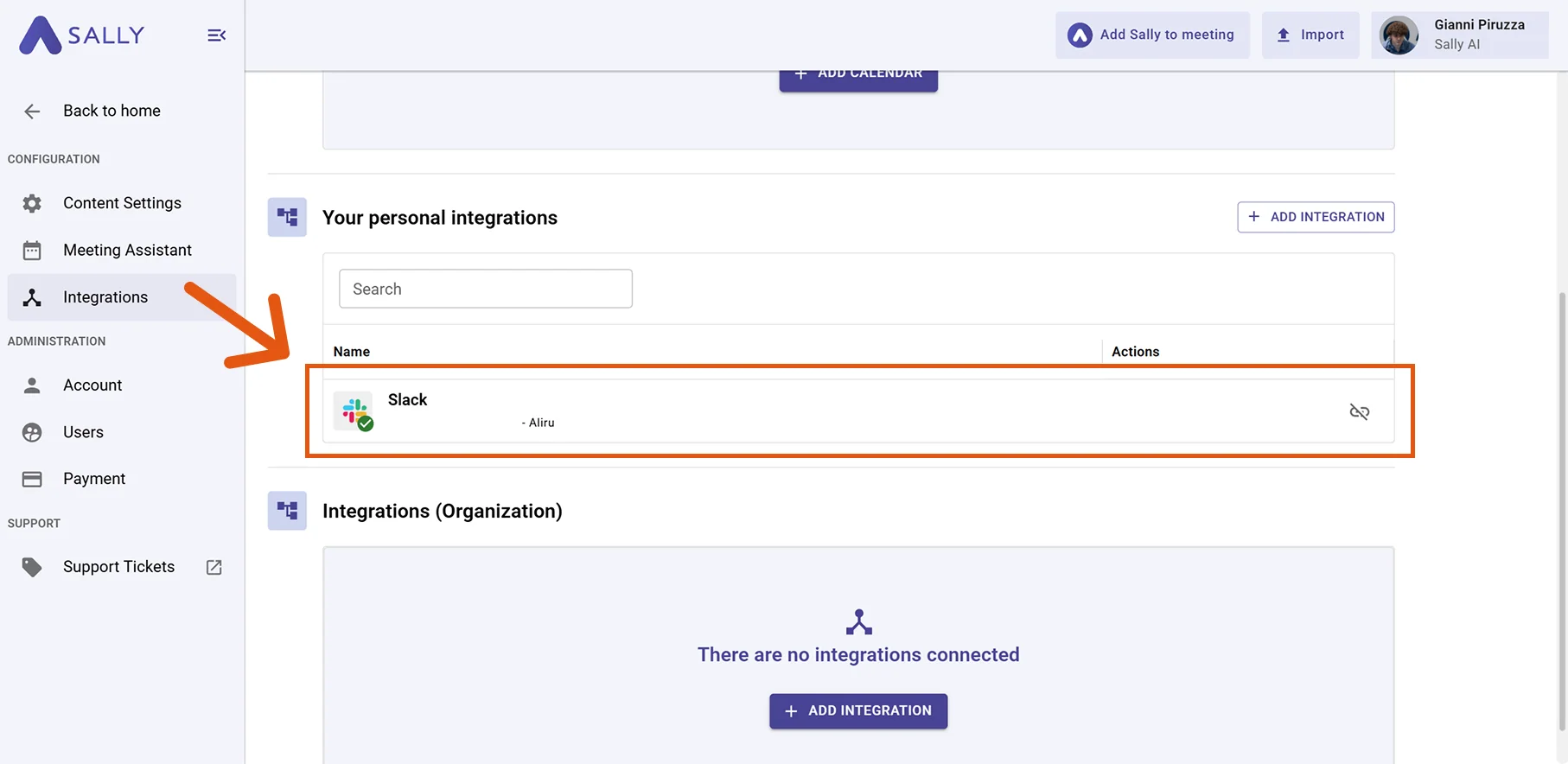 Slack listed under Your personal integrations