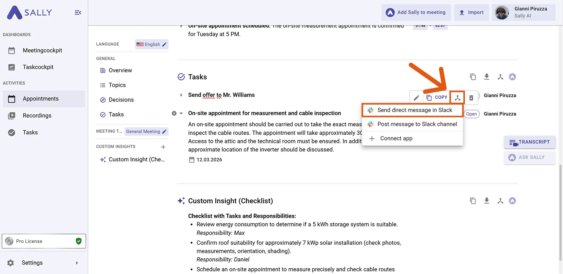 Slack action menu with Send direct message in Slack / Post message to Slack channel
