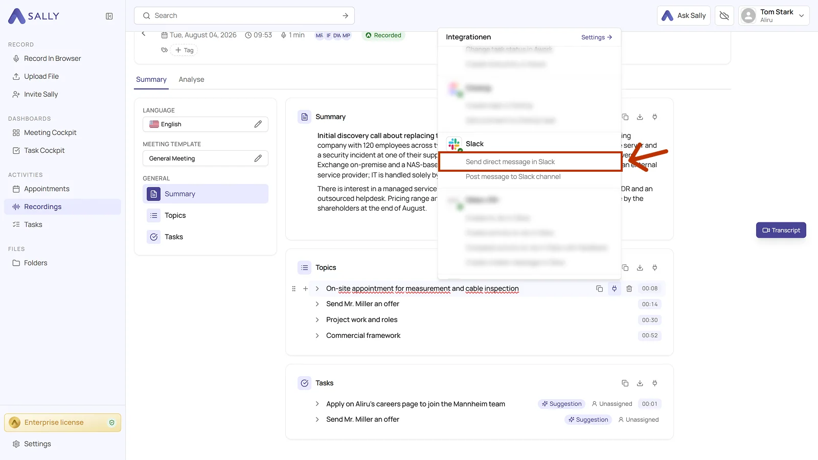 Recording in Sally with the Integrations menu open and the Send direct message in Slack action highlighted