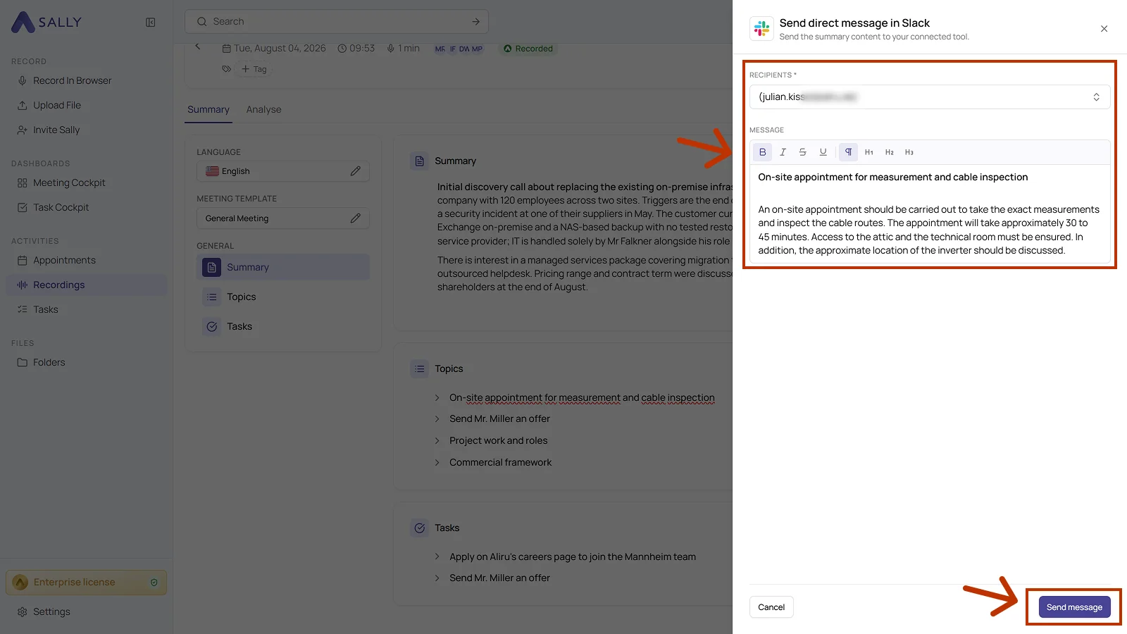 Send direct message in Slack panel with the recipient field and the prefilled message