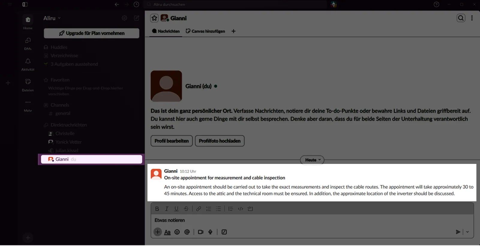 Slack showing the direct message delivered from Sally