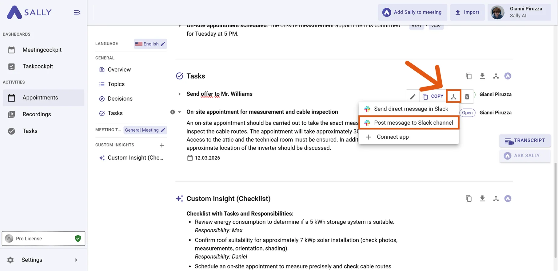 Slack action menu with Post message to Slack channel