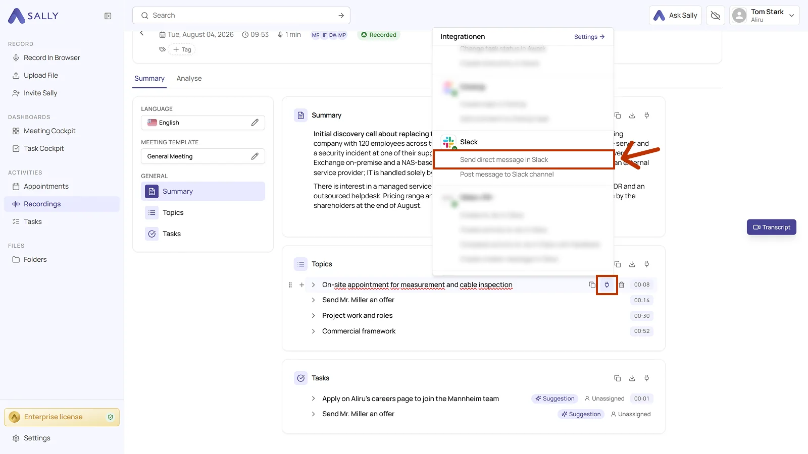 Recording in Sally with the Integrations menu open and the Post message to Slack channel action highlighted