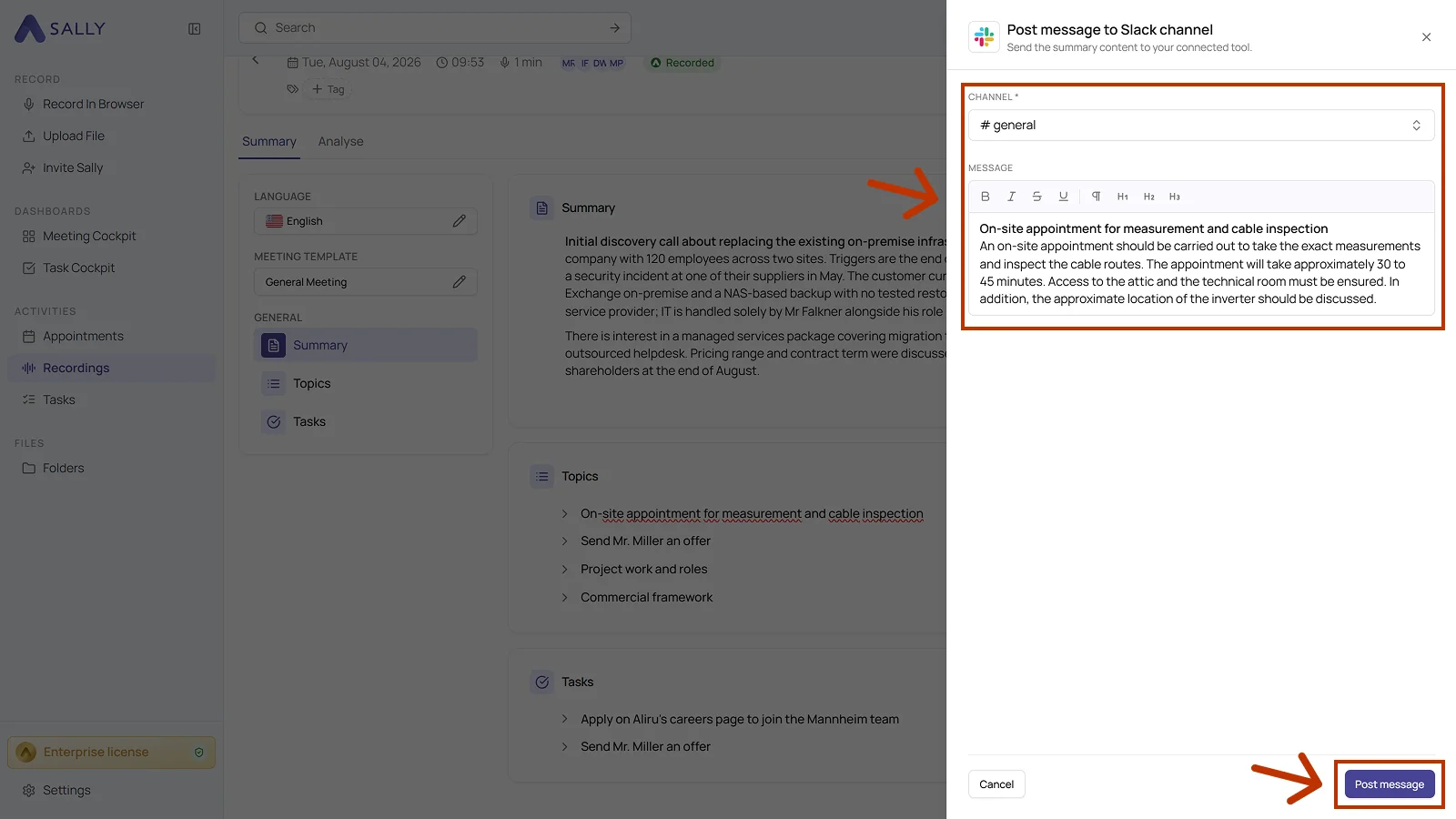 Post message to Slack channel panel with the channel field and the prefilled message