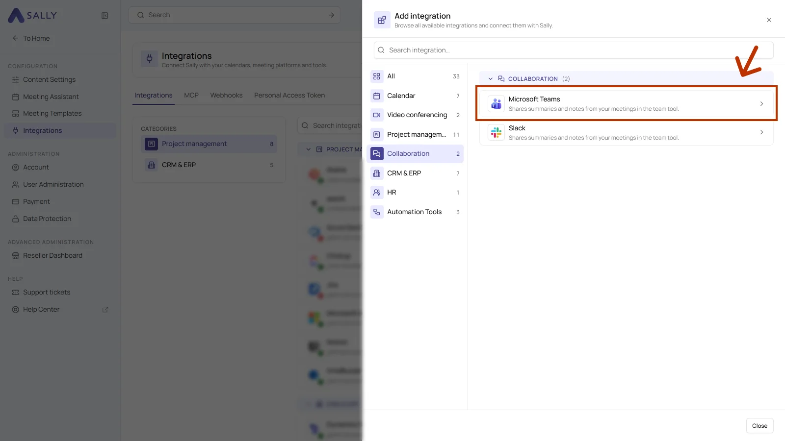 Add integration dialog with the Collaboration category and the Microsoft Teams entry