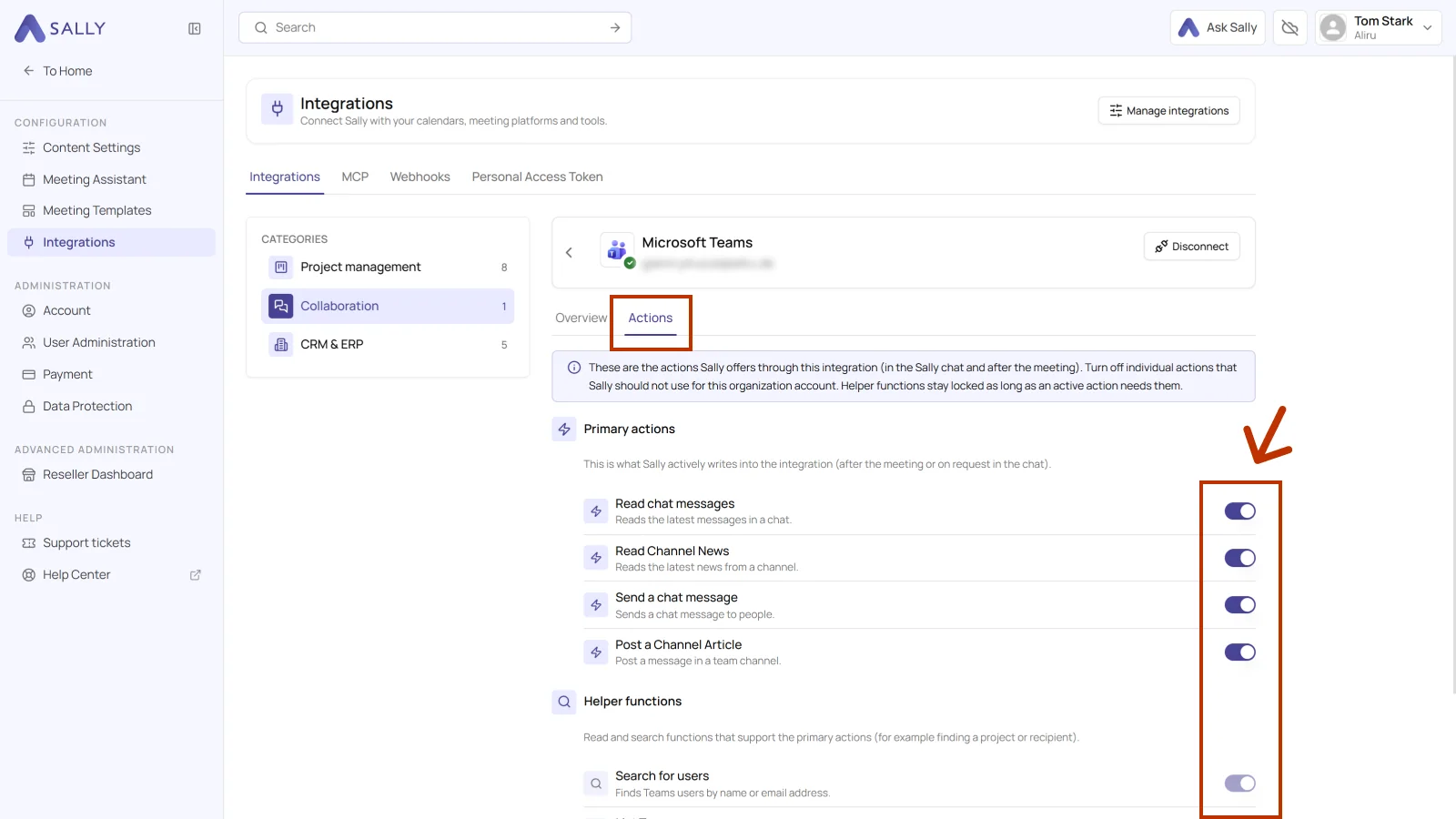 Actions tab of the connected Microsoft Teams integration with the toggles for the primary actions