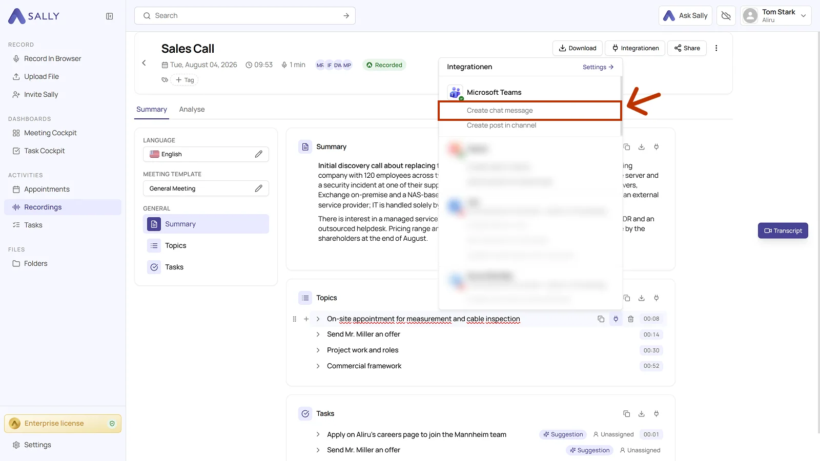 Recording in Sally with the Integrations menu open and the Create chat message action highlighted
