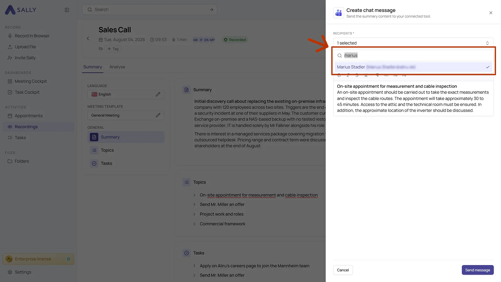 Create chat message panel with the recipient search and the prefilled content