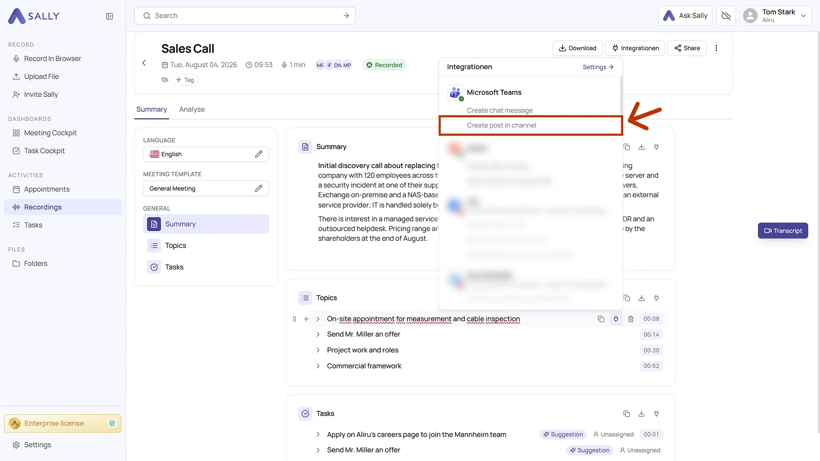 Recording in Sally with the Integrations menu open and the Create post in channel action highlighted