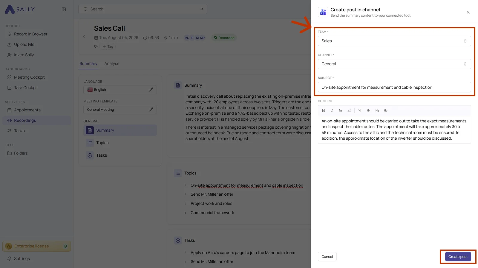 Create post in channel panel with the Team, Channel, Subject, and Content fields