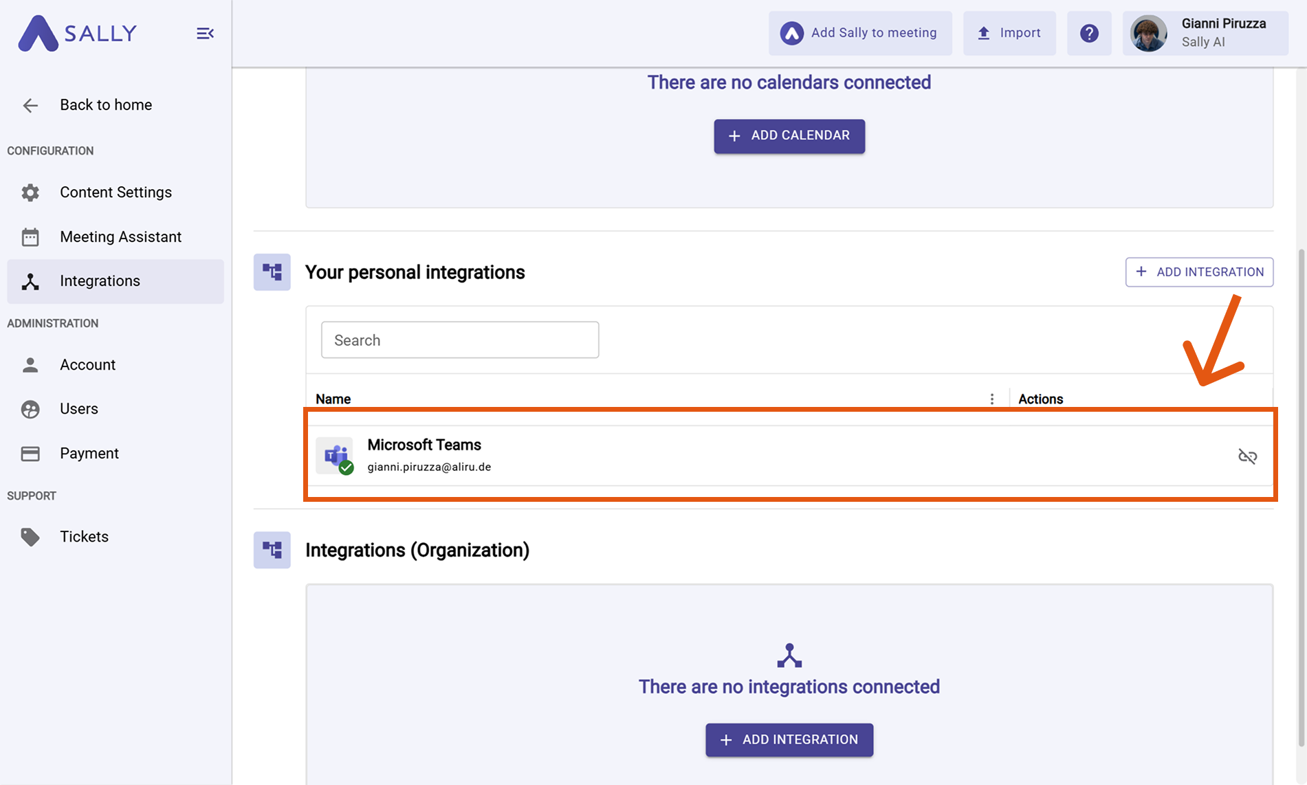 Microsoft Teams listed under Your personal integrations