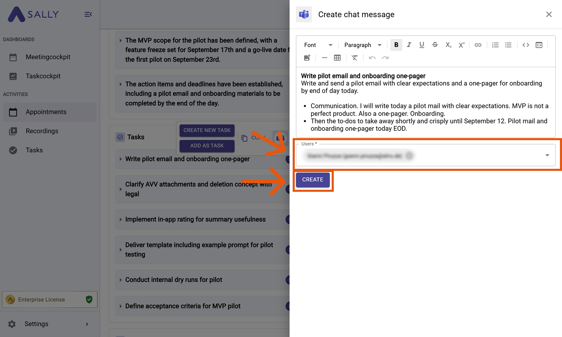 Teams modal showing chat message creation