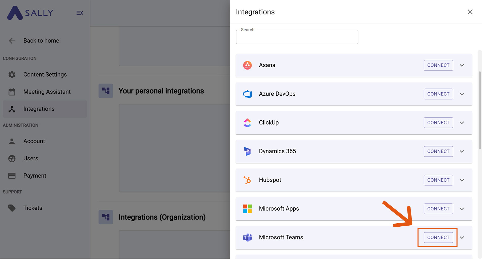 Microsoft Teams selected with Connect button