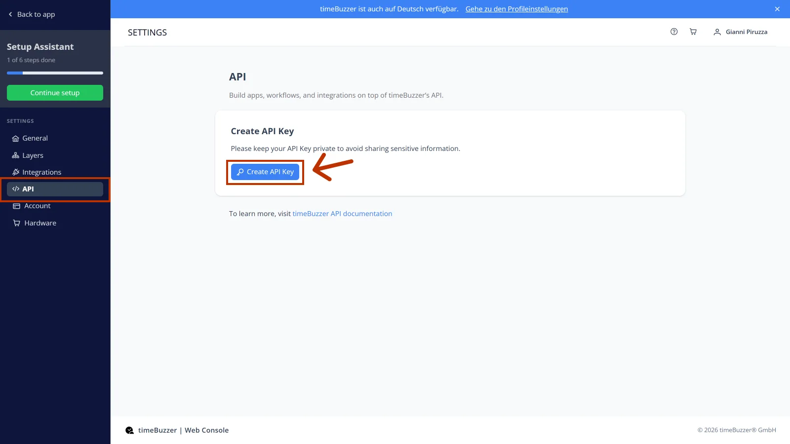 timeBuzzer web console with the API section and the Create API Key button