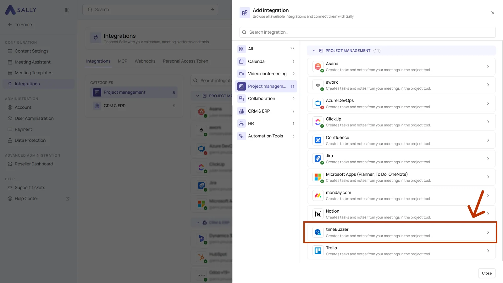 Add integration panel with the Project management category and timeBuzzer highlighted