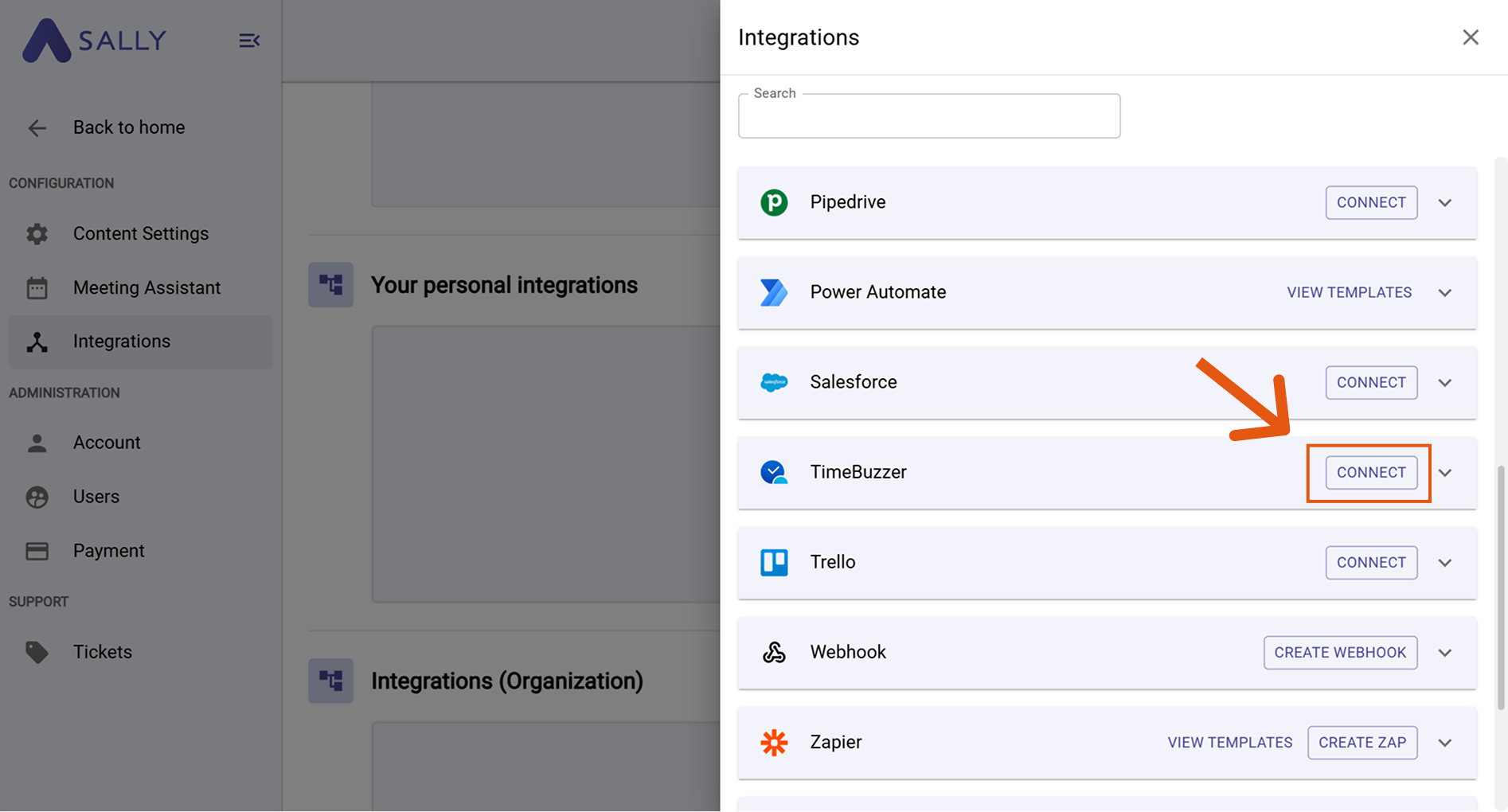 timeBuzzer in the integration picker with Connect button