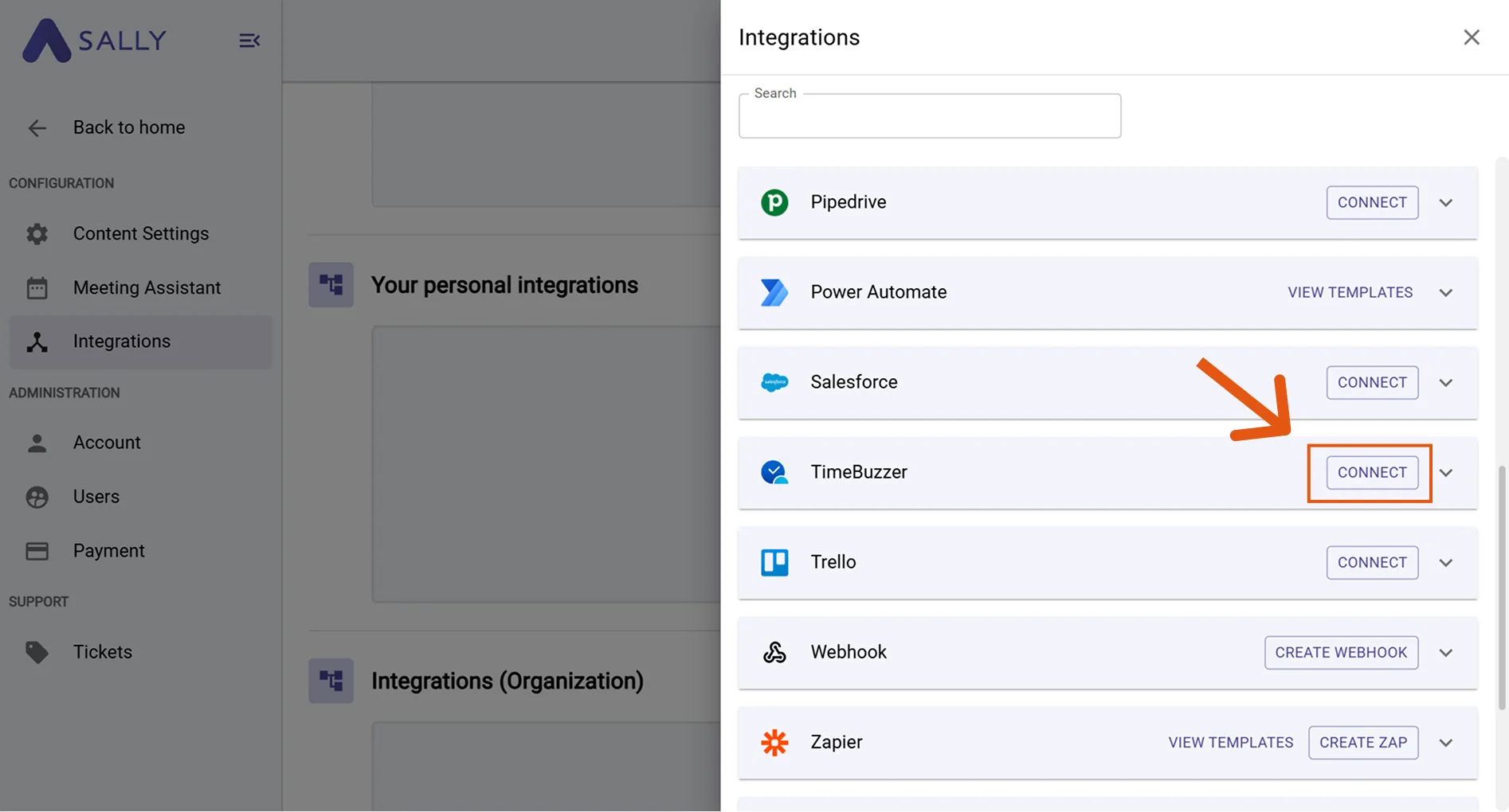 timeBuzzer in the integration picker with Connect button