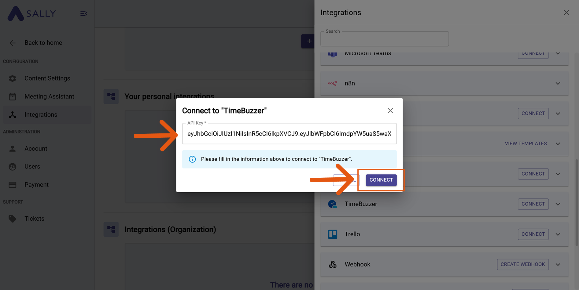 Paste API Key to connect timeBuzzer