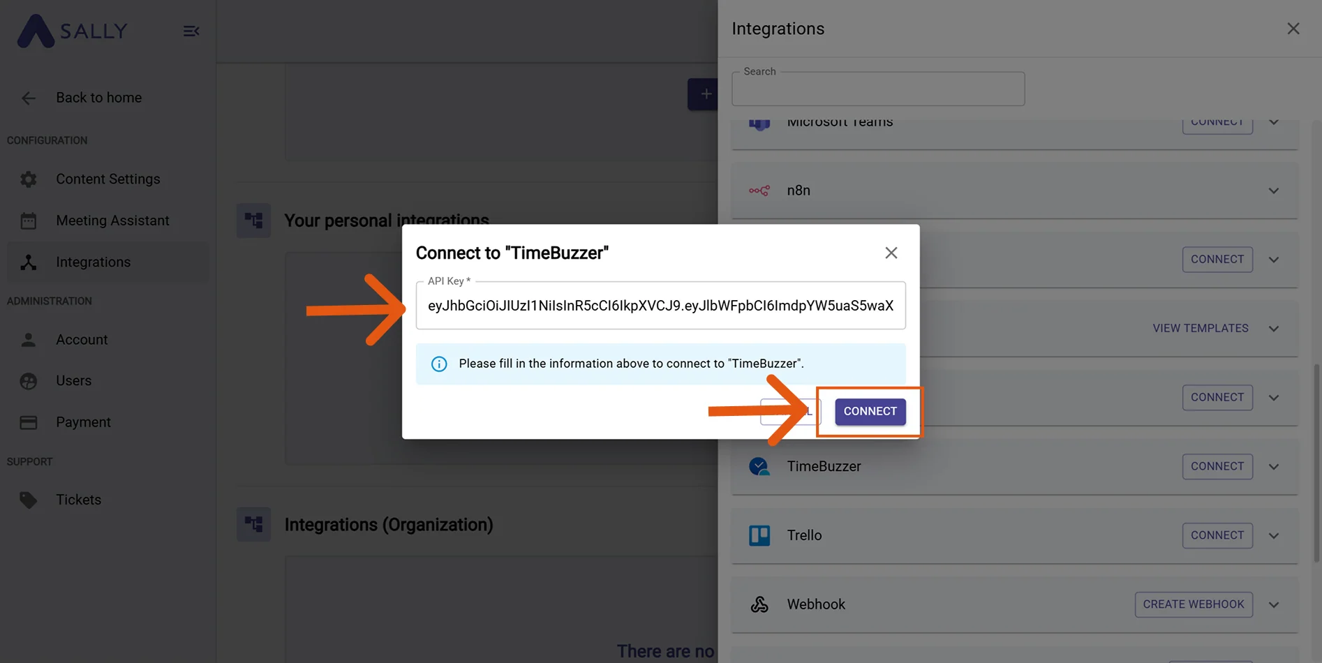 Paste API Key to connect timeBuzzer