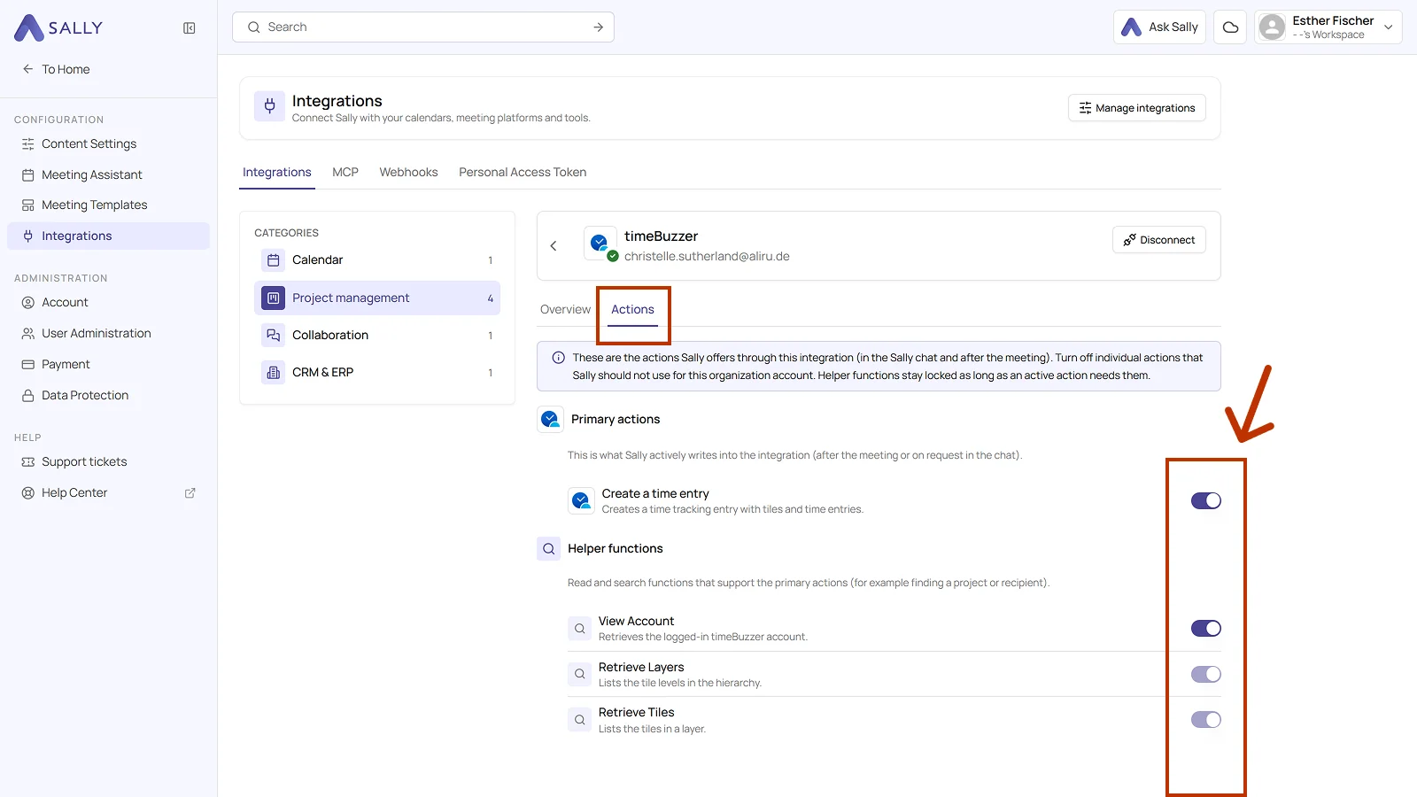 Actions tab of the timeBuzzer integration with the toggles for the primary action and the helper functions